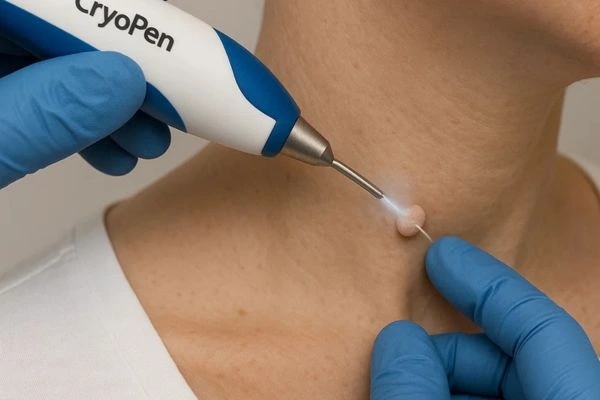 Person receiving cryotherapy Hockley for skin tag removal