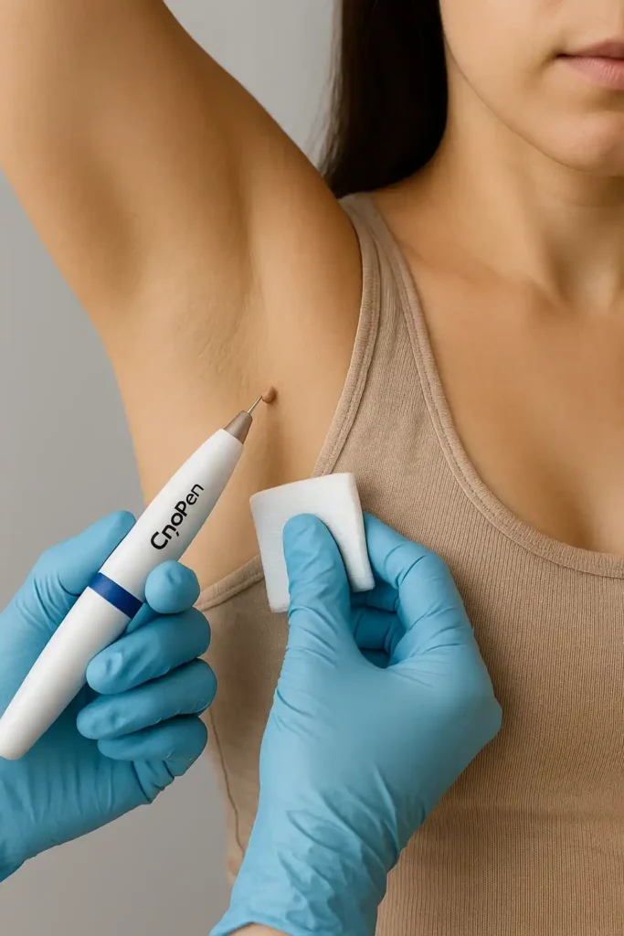woman having cryopen to remove underarm skin tags Hockley