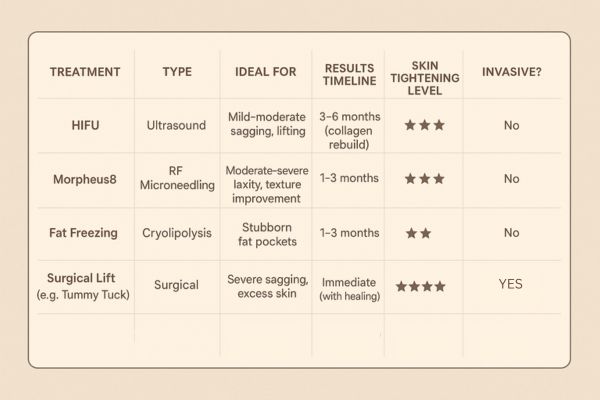 Table showing the comparisons of Skin tightening Hockley treatment options.